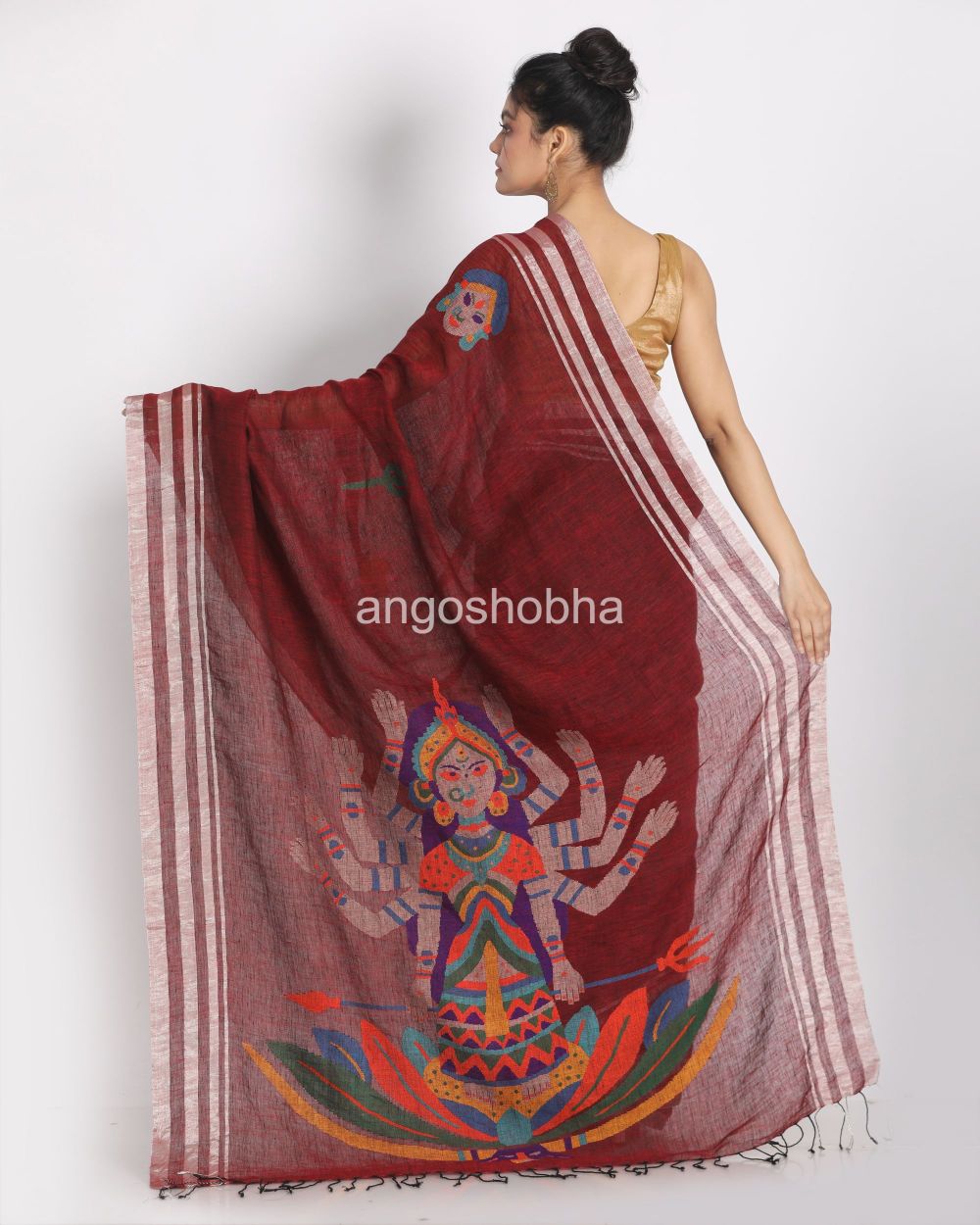 Maroon Black Half & Half Linen Saree angoshobha