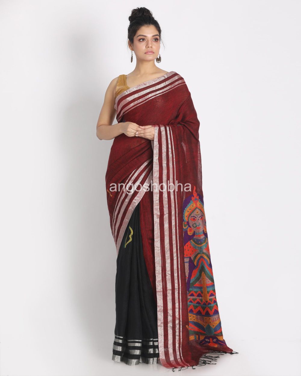 Maroon Black Half & Half Linen Saree angoshobha