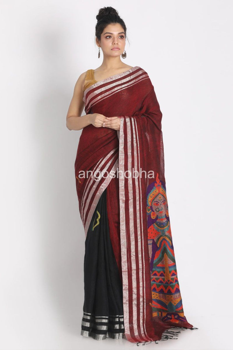 Maroon Black Half & Half Linen Saree