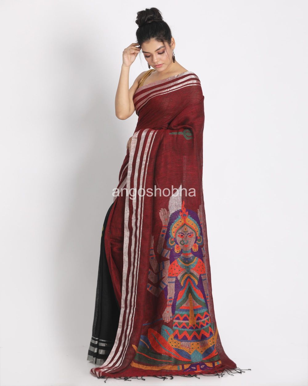 Maroon Black Half & Half Linen Saree angoshobha