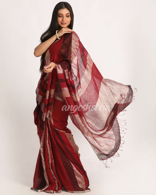 Maroon Black Silver Traditional Handloom Check Linen Saree angoshobha