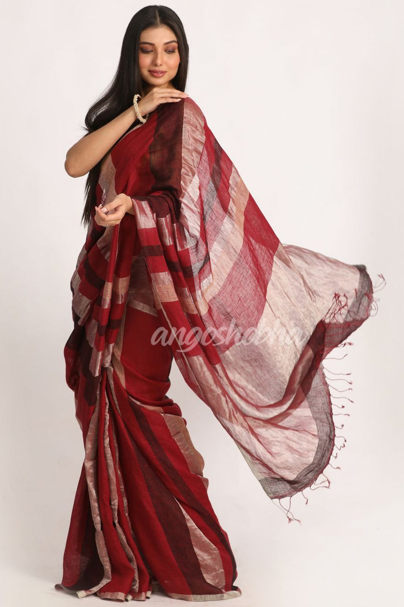 Maroon Black Silver Traditional Handloom Check Linen Saree