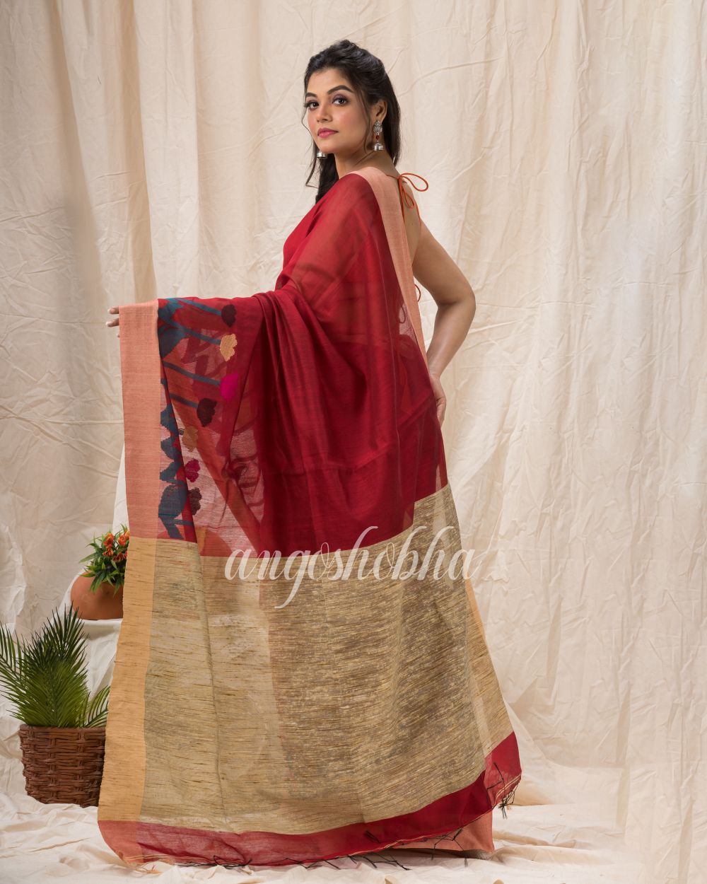 Maroon Cotton Blend Traditional Jamdani Saree angoshobha