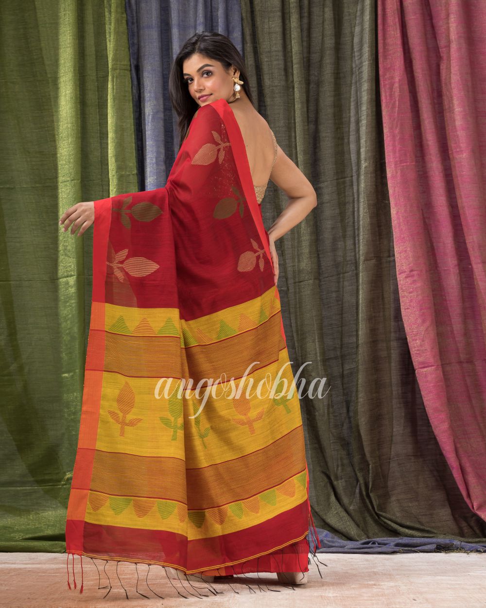 Maroon Cotton Blend Traditional Jamdani Saree angoshobha