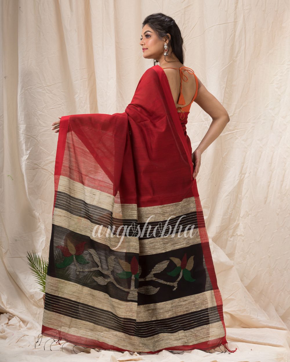 Maroon Cotton Blend Traditional Jamdani Saree angoshobha