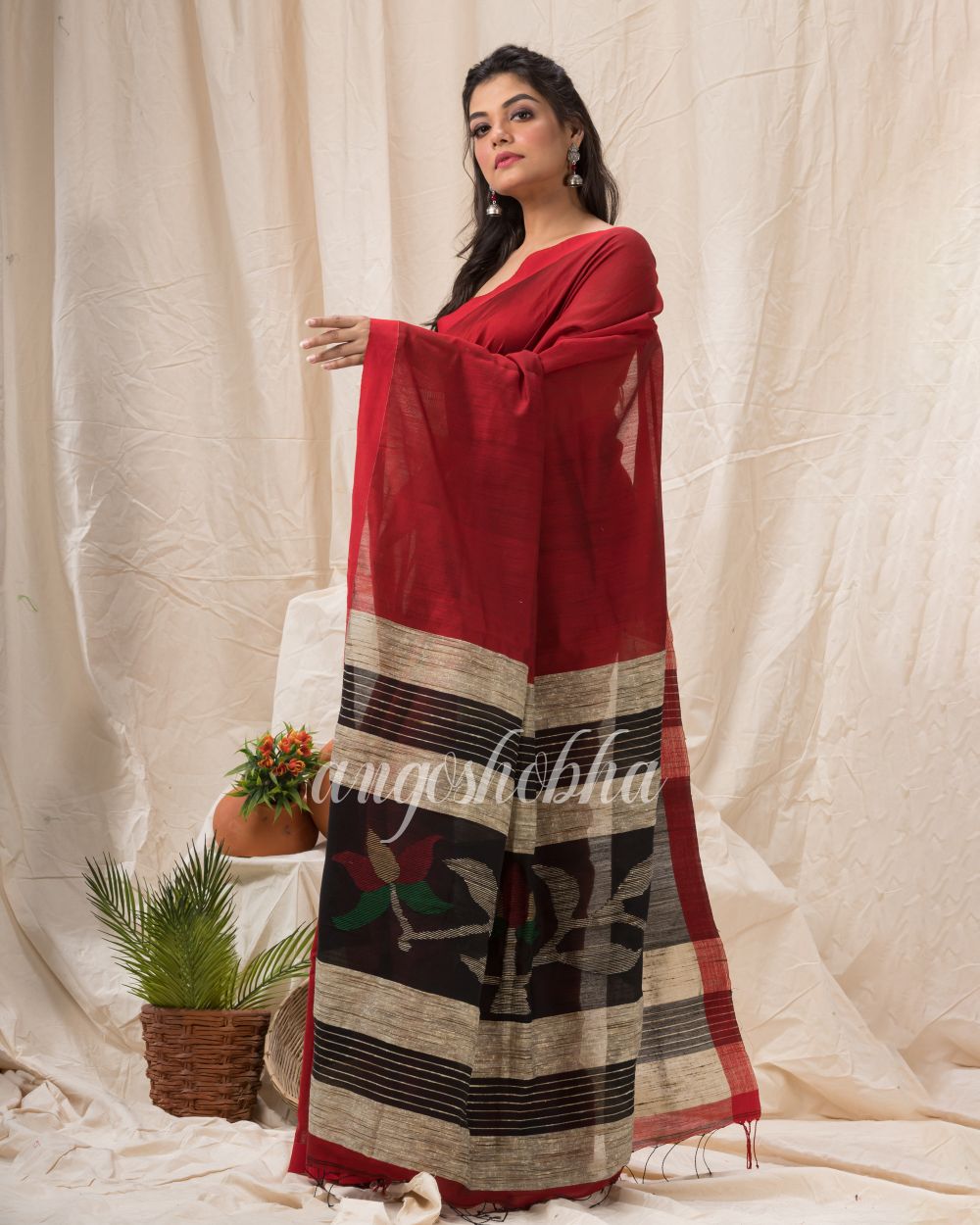 Maroon Cotton Blend Traditional Jamdani Saree angoshobha