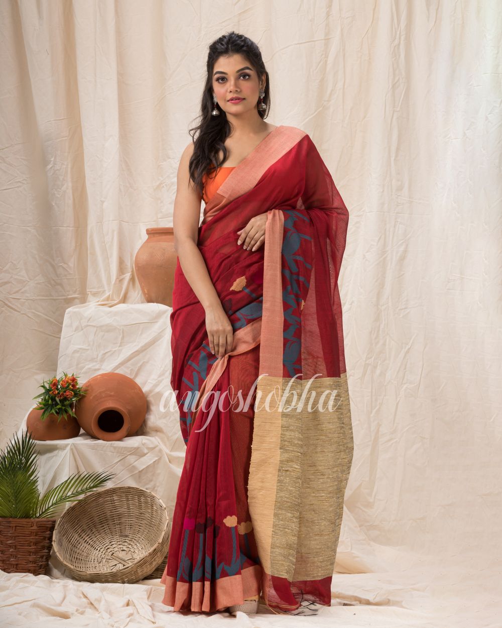 Maroon Cotton Blend Traditional Jamdani Saree angoshobha