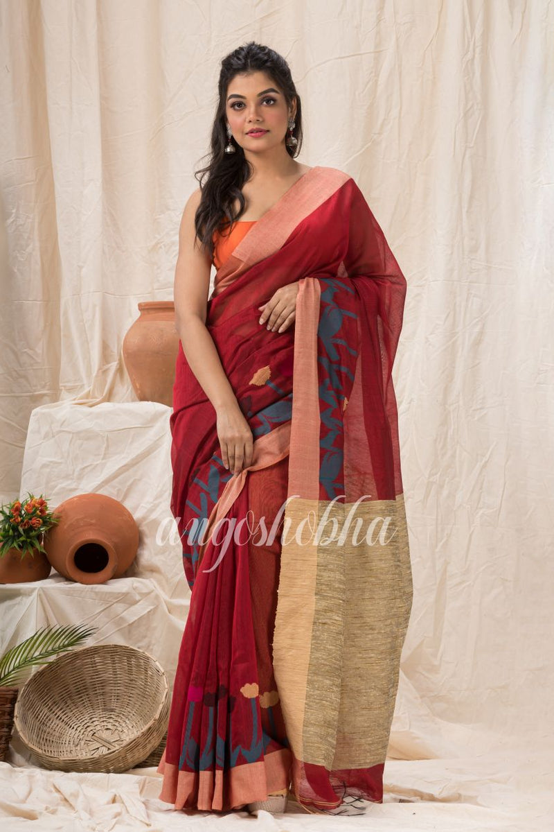 Maroon Cotton Blend Traditional Jamdani Saree