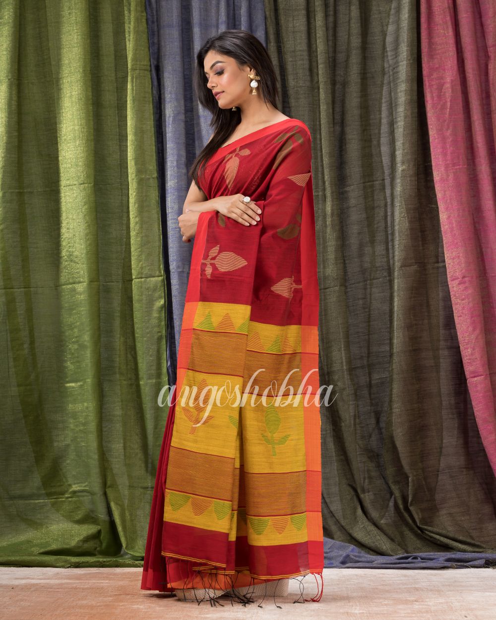 Maroon Cotton Blend Traditional Jamdani Saree angoshobha