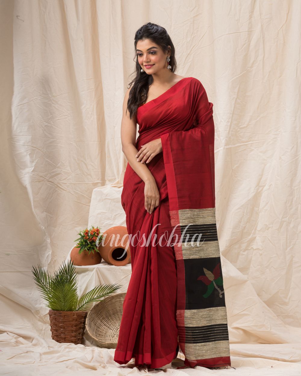 Maroon Cotton Blend Traditional Jamdani Saree angoshobha