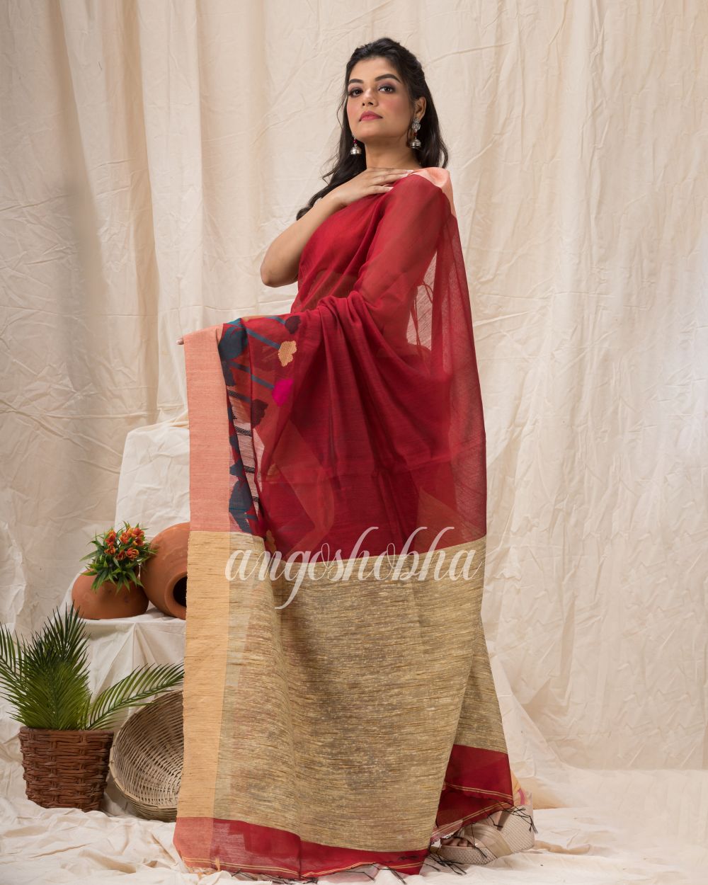 Maroon Cotton Blend Traditional Jamdani Saree angoshobha