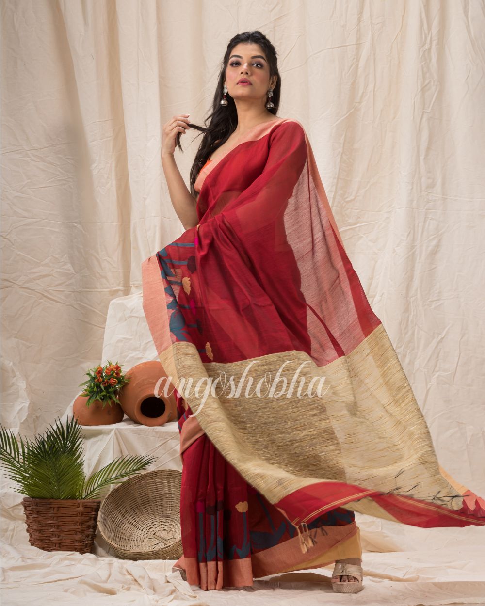 Maroon Cotton Blend Traditional Jamdani Saree angoshobha
