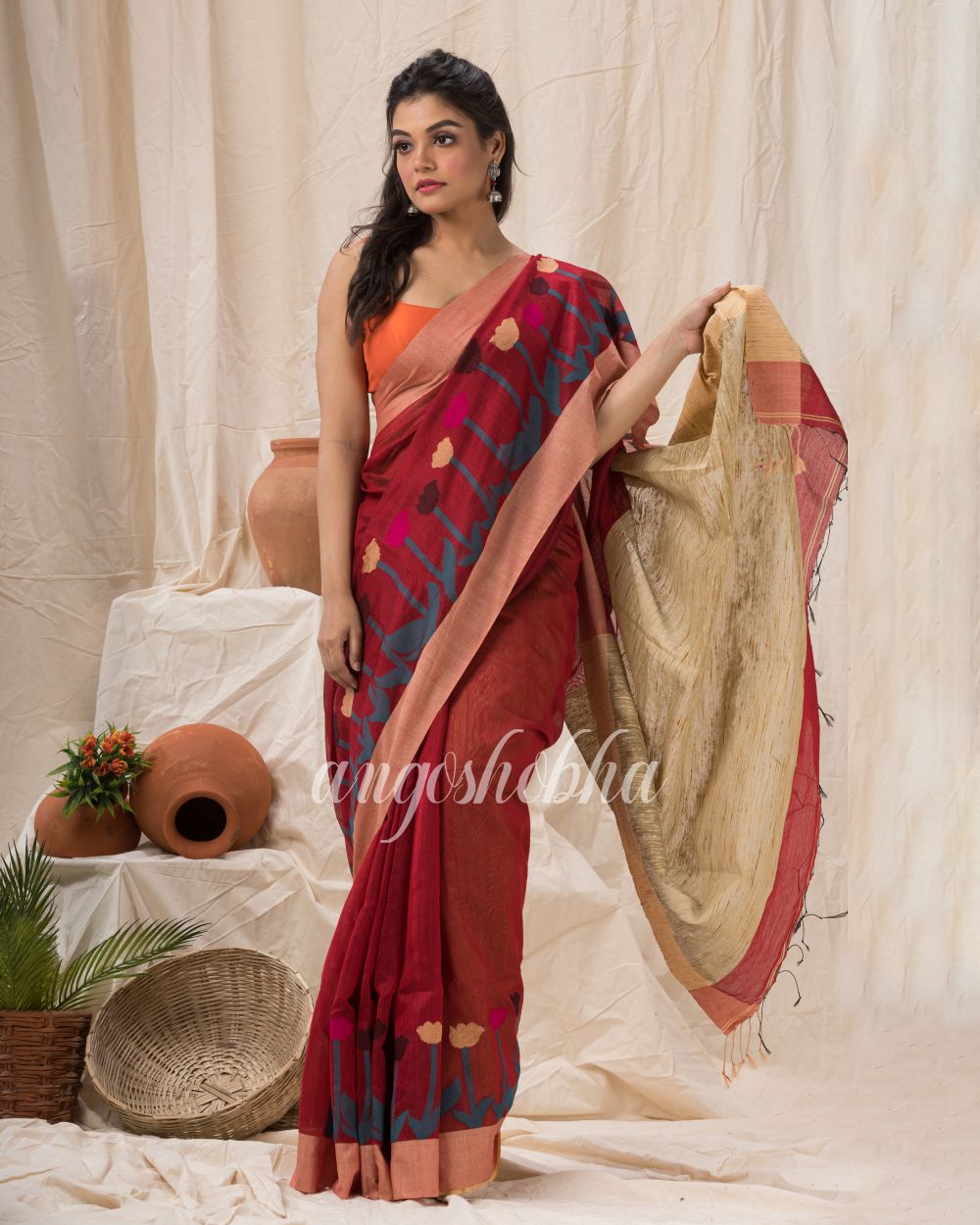 Maroon Cotton Blend Traditional Jamdani Saree angoshobha