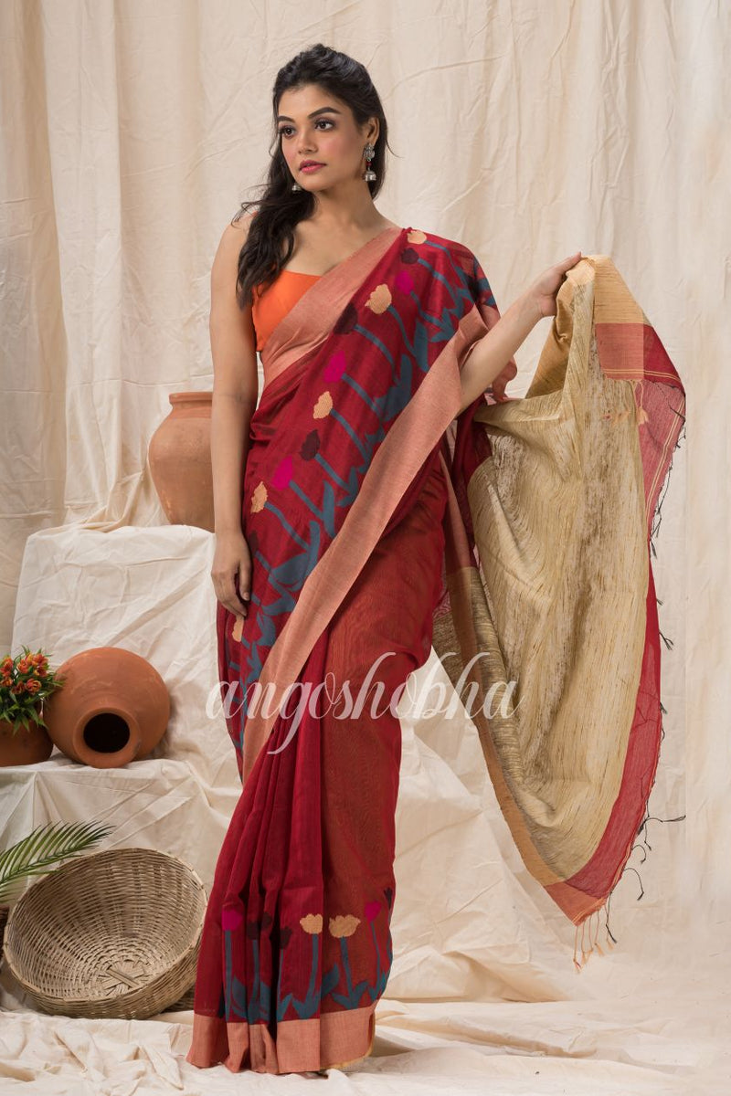 Maroon Cotton Blend Traditional Jamdani Saree