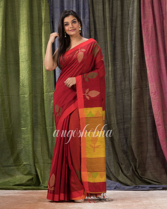 Maroon Cotton Blend Traditional Jamdani Saree angoshobha