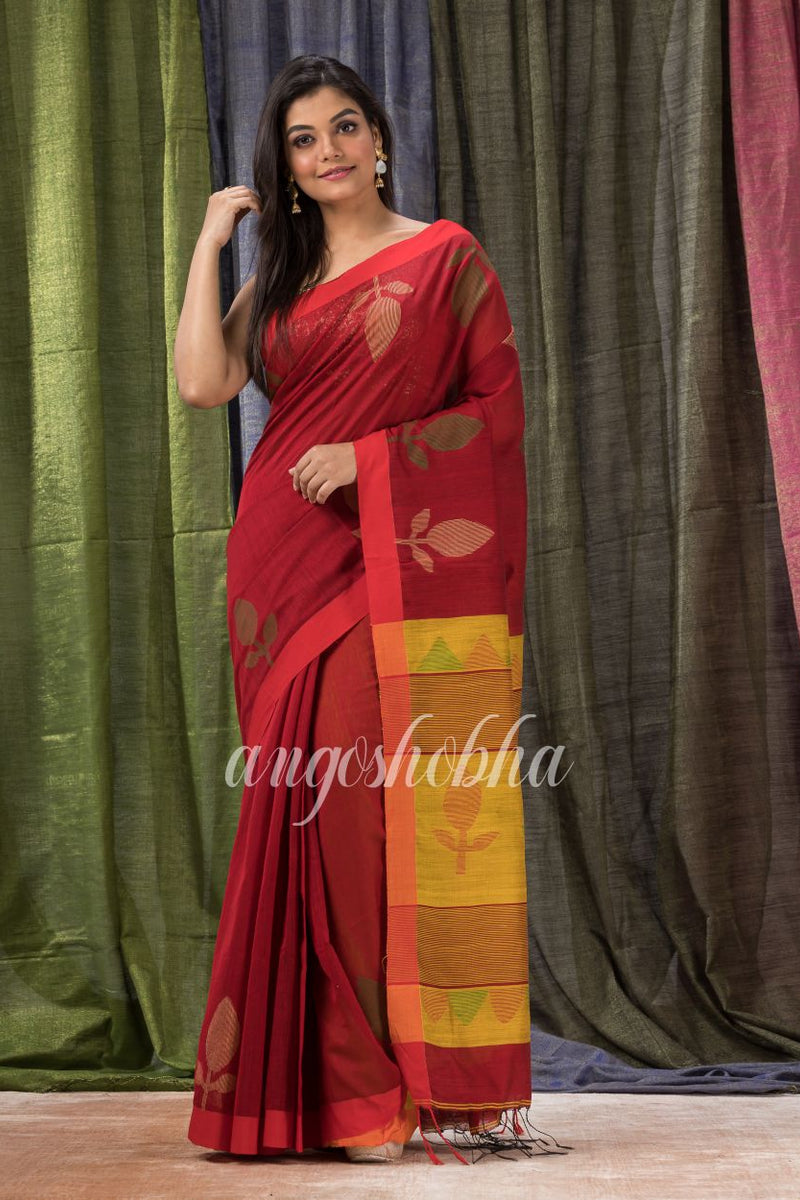 Maroon Cotton Blend Traditional Jamdani Saree
