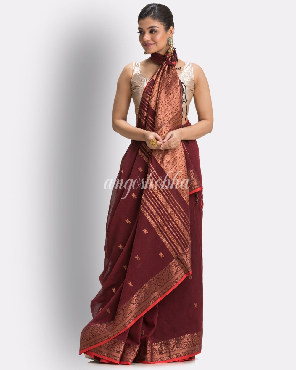 Maroon Cotton Handloom Tangail Saree angoshobha