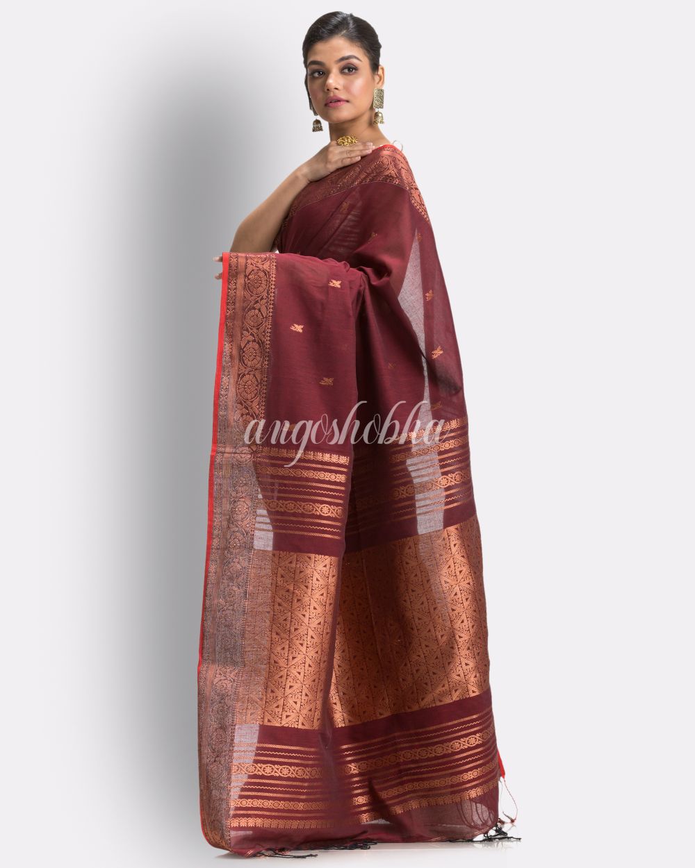 Maroon Cotton Handloom Tangail Saree angoshobha