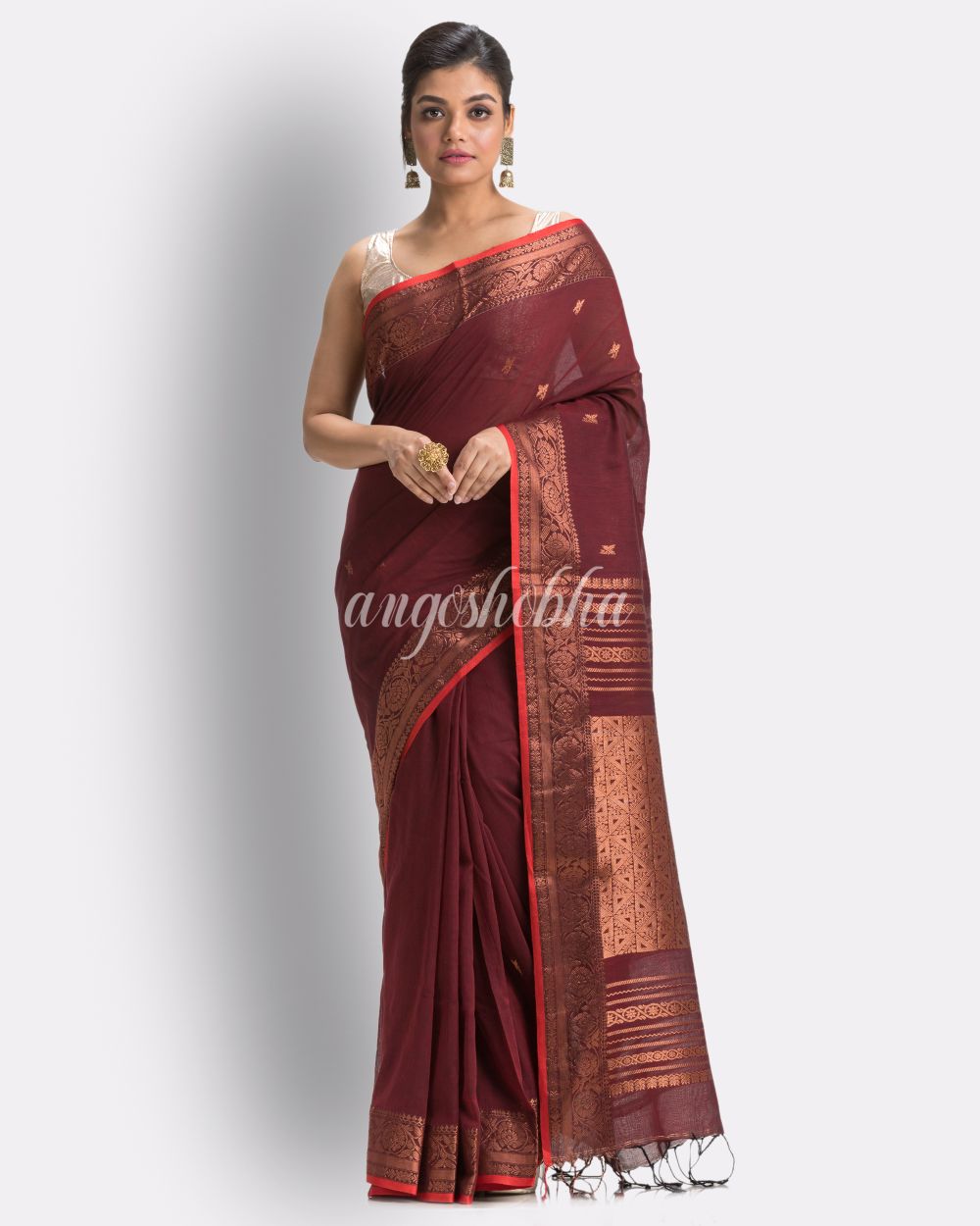 Maroon Cotton Handloom Tangail Saree angoshobha