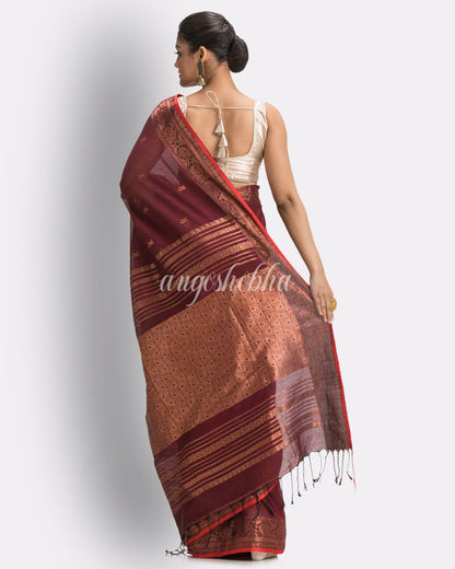 Maroon Cotton Handloom Tangail Saree angoshobha