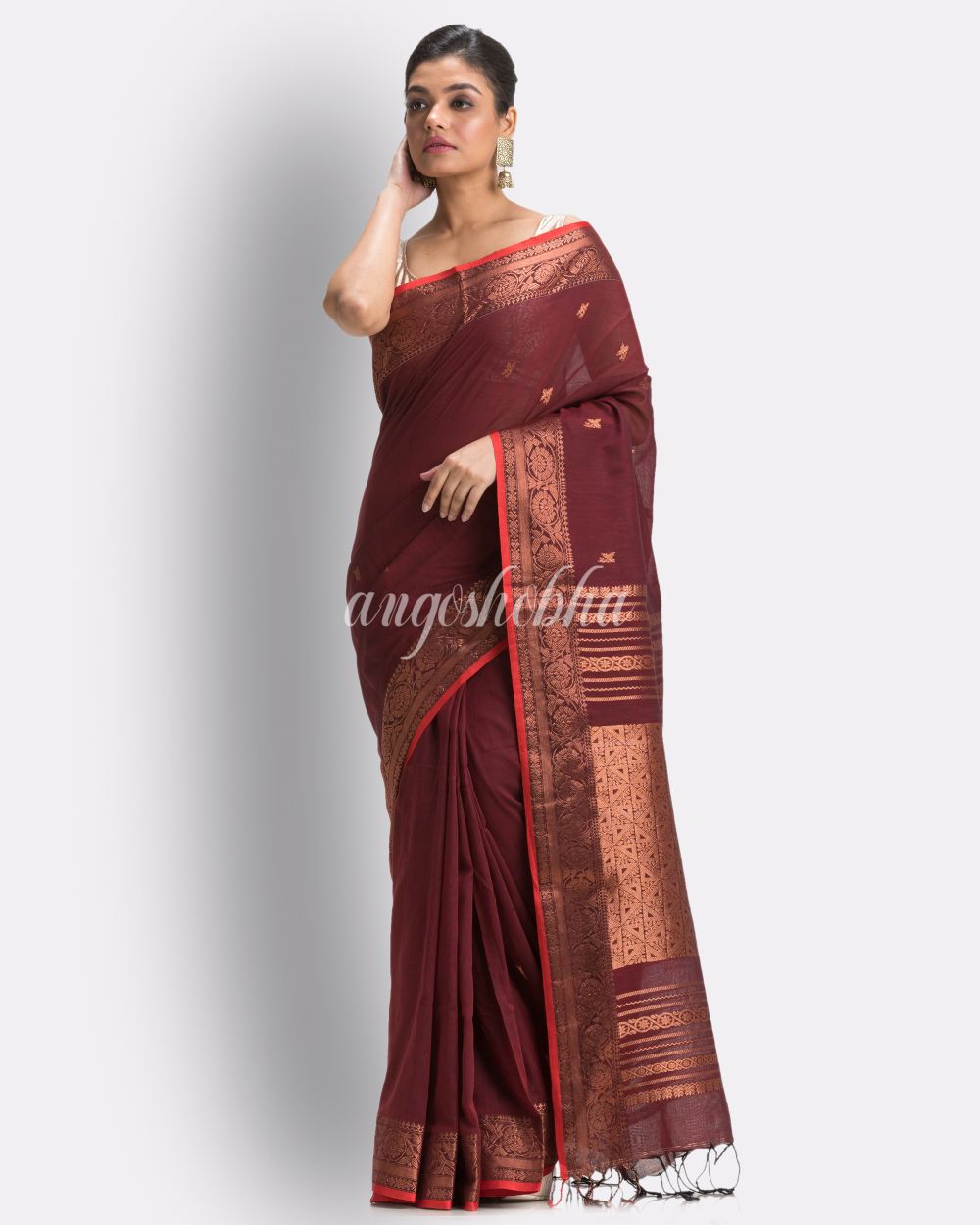 Maroon Cotton Handloom Tangail Saree angoshobha