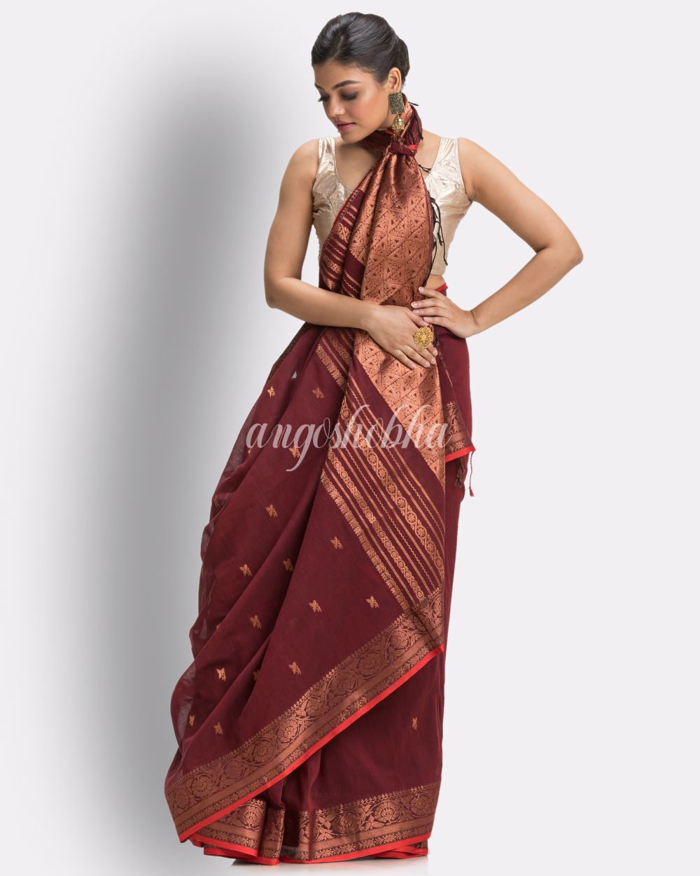 Maroon Cotton Handloom Tangail Saree angoshobha