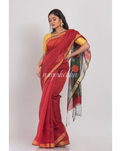 Maroon Handloom Cotton Silk Saree angoshobha