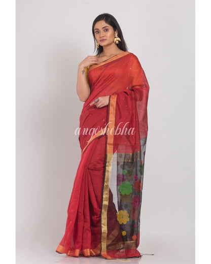 Maroon Handloom Cotton Silk Saree angoshobha