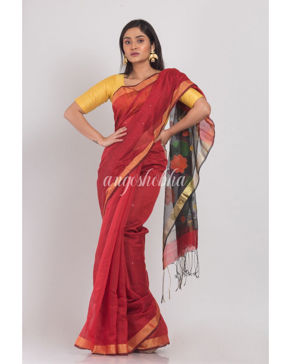 Maroon Handloom Cotton Silk Saree angoshobha