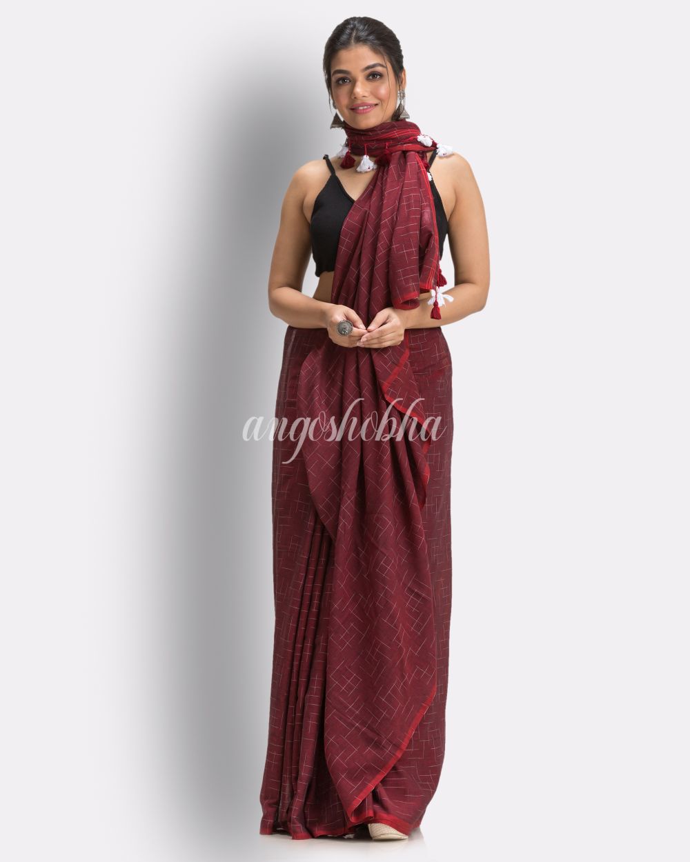 Maroon Handloom Molmol Cotton Saree angoshobha