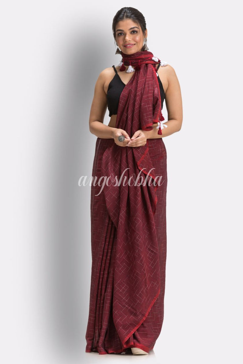 Maroon Handloom Molmol Cotton Saree