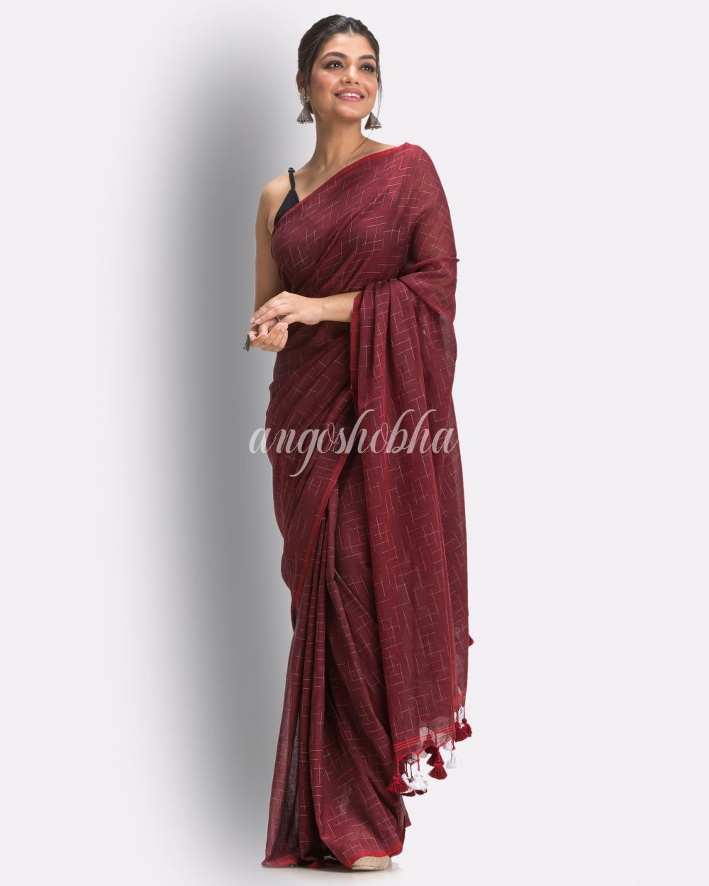 Maroon Handloom Molmol Cotton Saree angoshobha