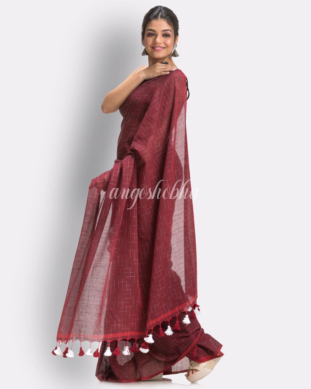 Maroon Handloom Molmol Cotton Saree angoshobha