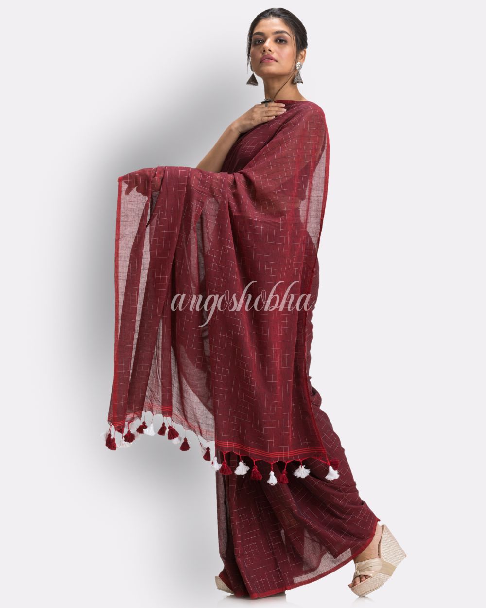 Maroon Handloom Molmol Cotton Saree angoshobha
