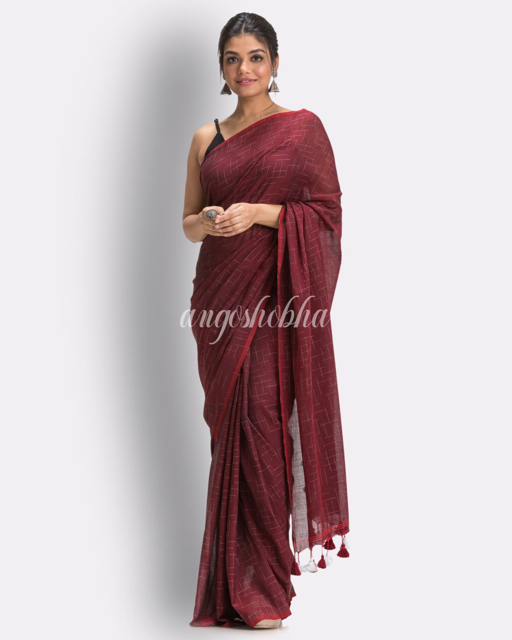 Maroon Handloom Molmol Cotton Saree angoshobha