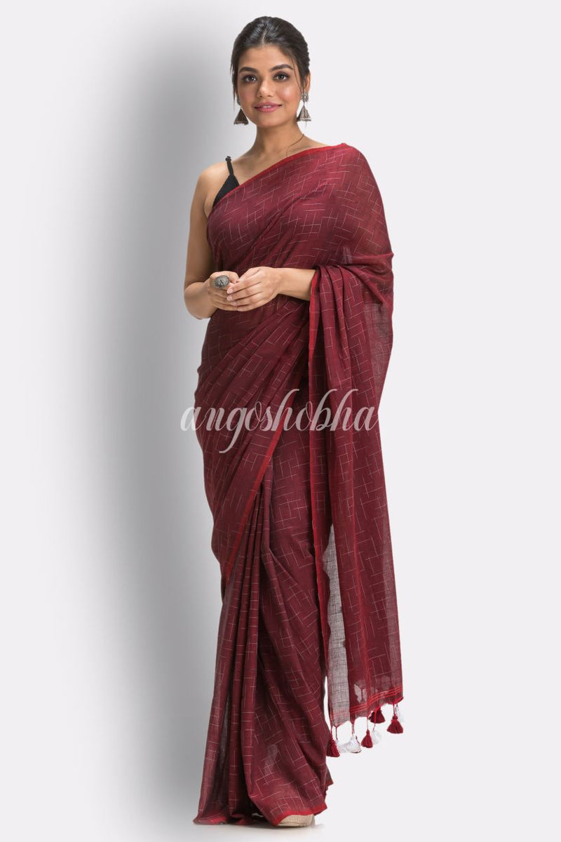 Maroon Handloom Molmol Cotton Saree