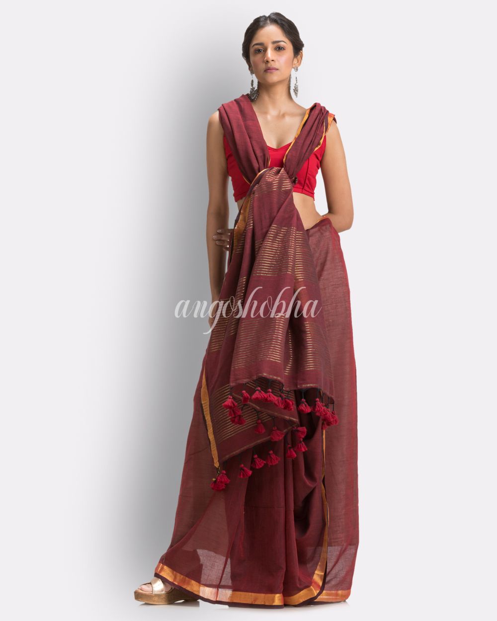 Maroon Handloom Traditional Molmol Cotton Saree angoshobha