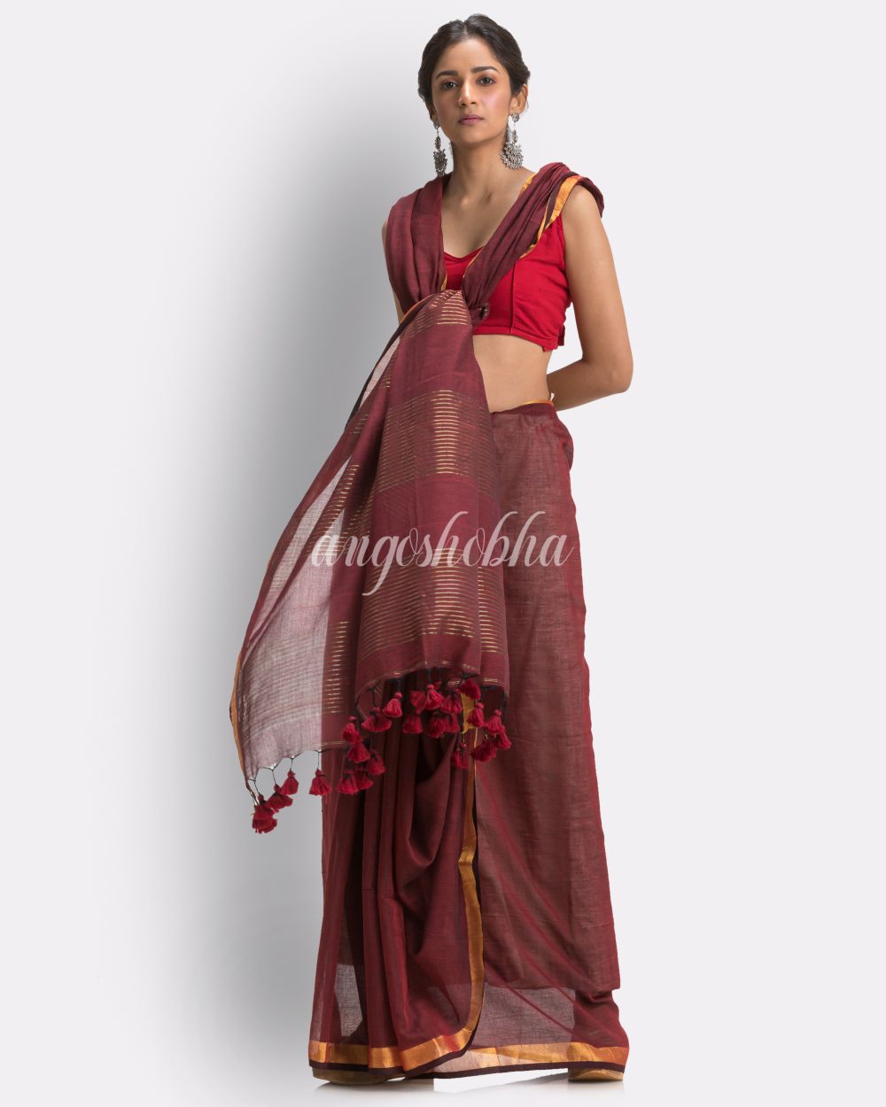 Maroon Handloom Traditional Molmol Cotton Saree angoshobha