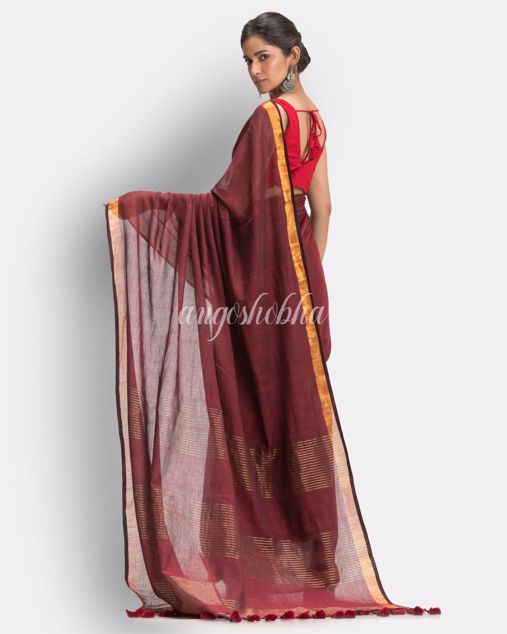 Maroon Handloom Traditional Molmol Cotton Saree angoshobha