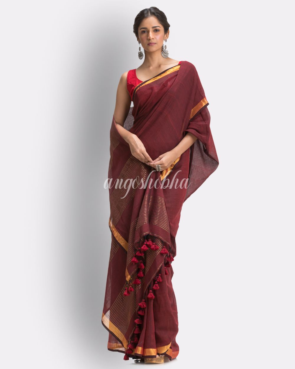 Maroon Handloom Traditional Molmol Cotton Saree angoshobha