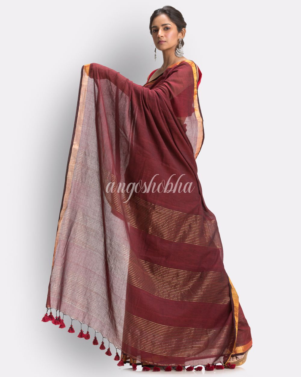 Maroon Handloom Traditional Molmol Cotton Saree angoshobha
