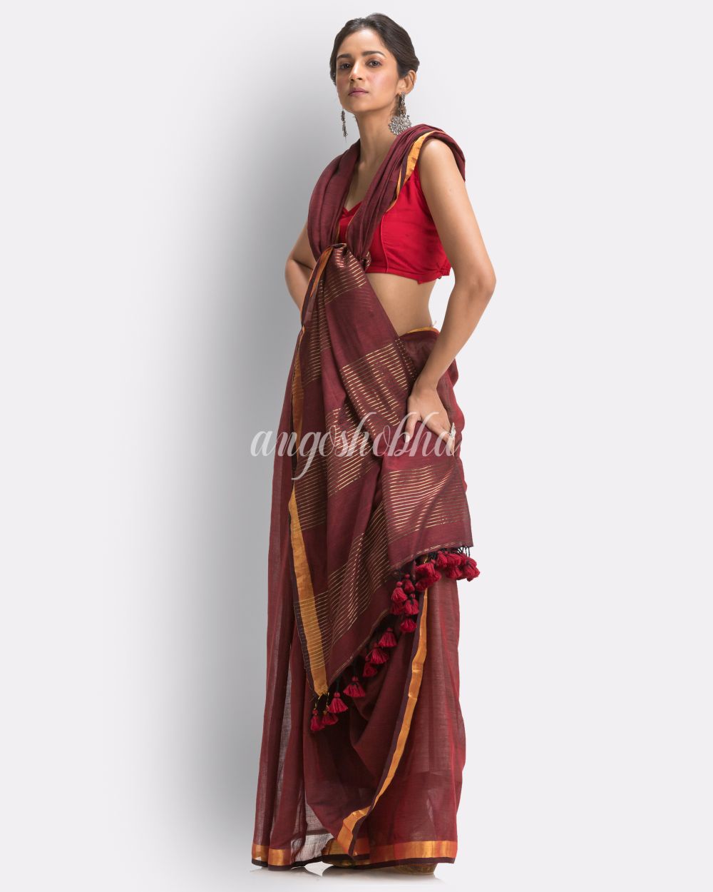 Maroon Handloom Traditional Molmol Cotton Saree angoshobha