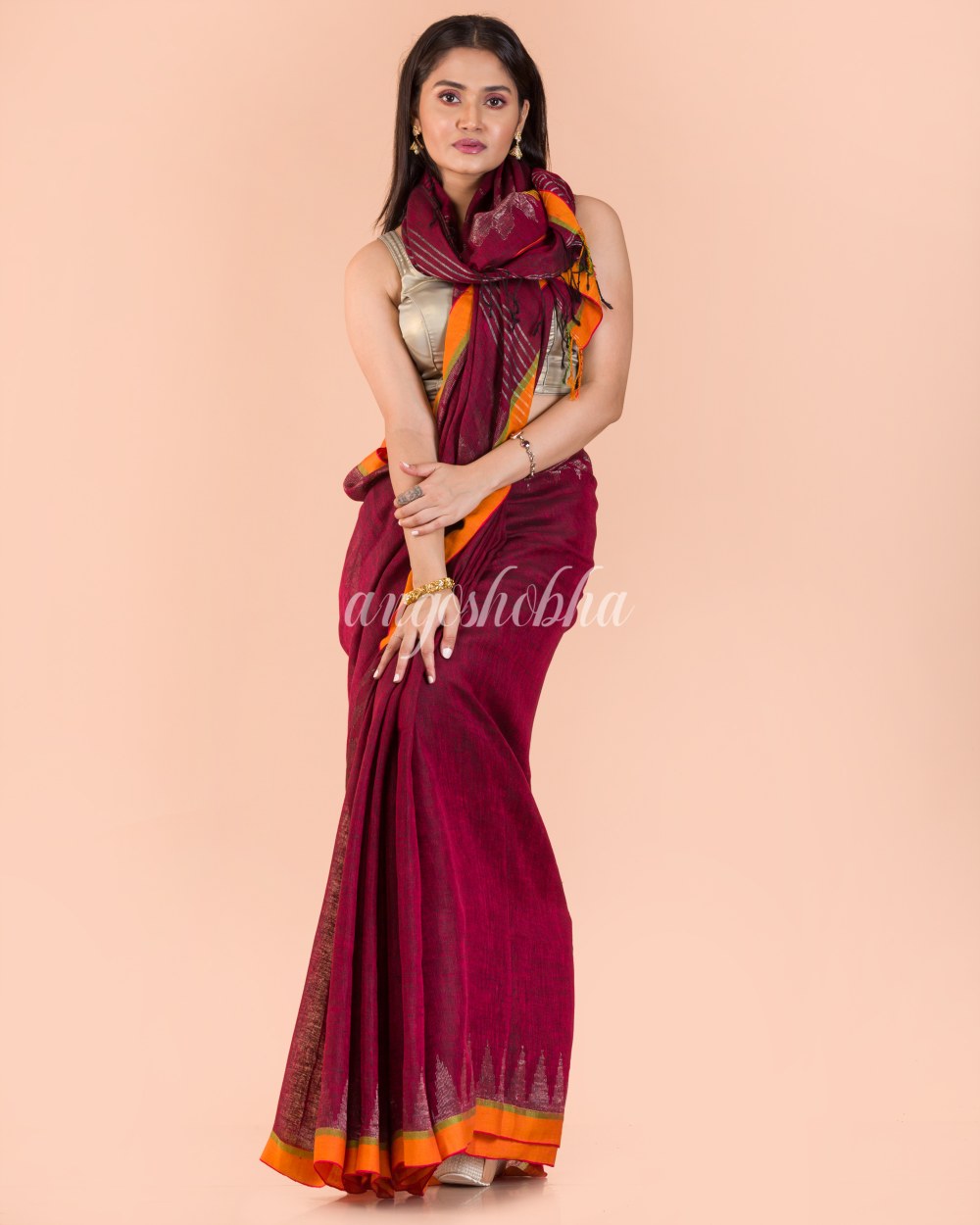 Maroon Handwoven Linen Saree angoshobha