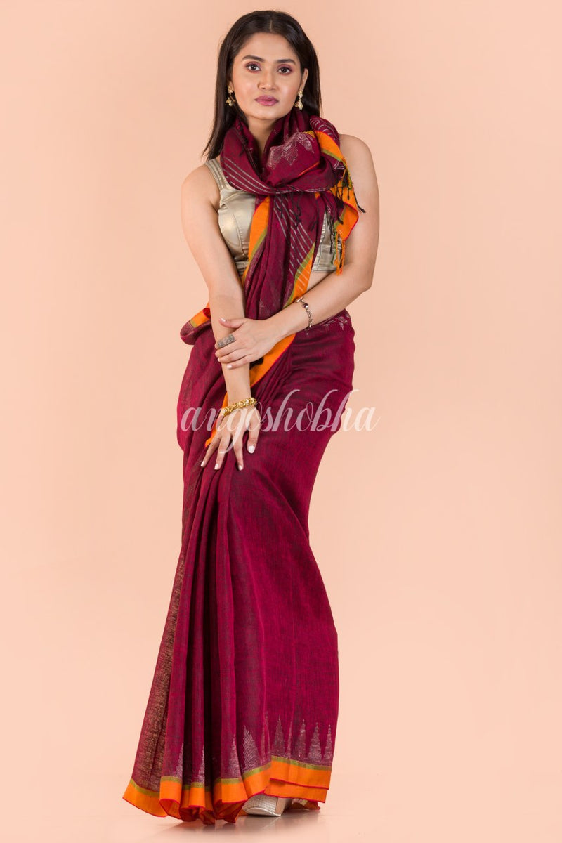 Maroon Handwoven Linen Saree