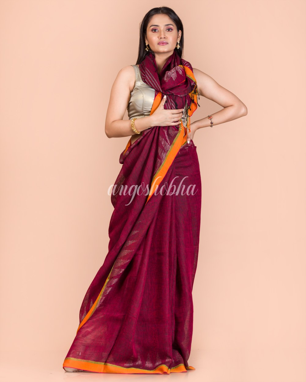 Maroon Handwoven Linen Saree angoshobha
