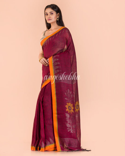 Maroon Handwoven Linen Saree angoshobha