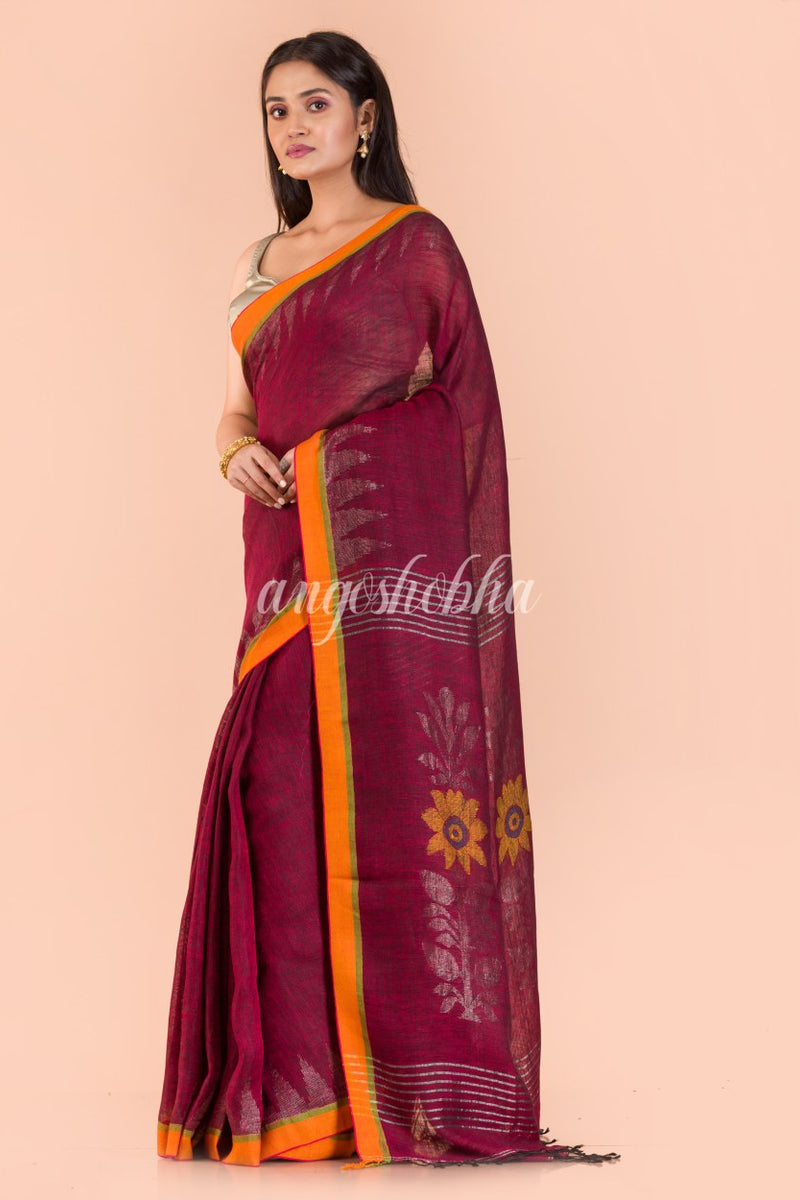 Maroon Handwoven Linen Saree
