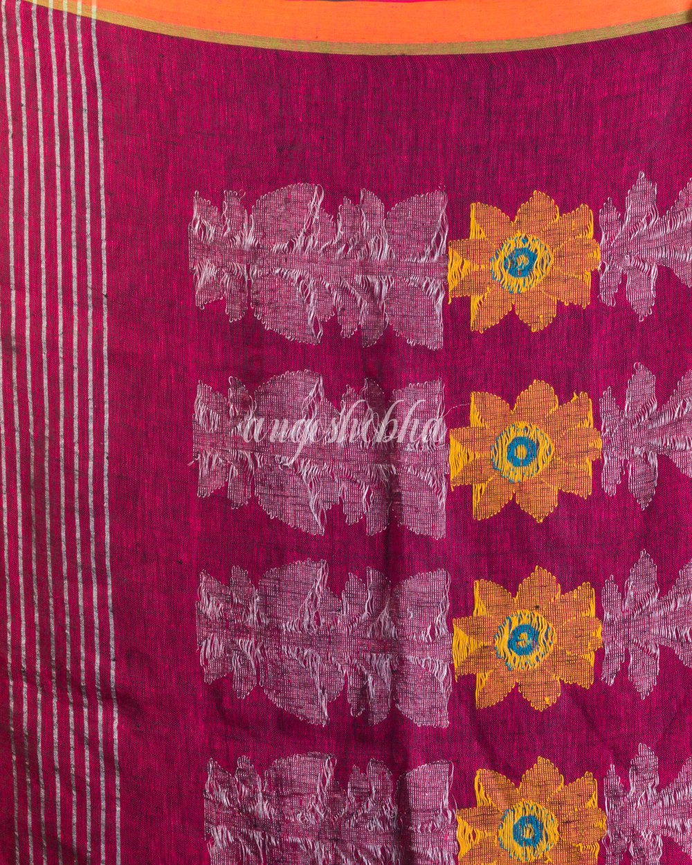 Maroon Handwoven Linen Saree angoshobha