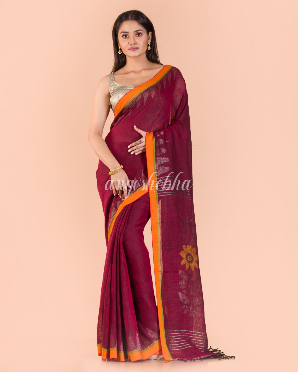 Maroon Handwoven Linen Saree angoshobha