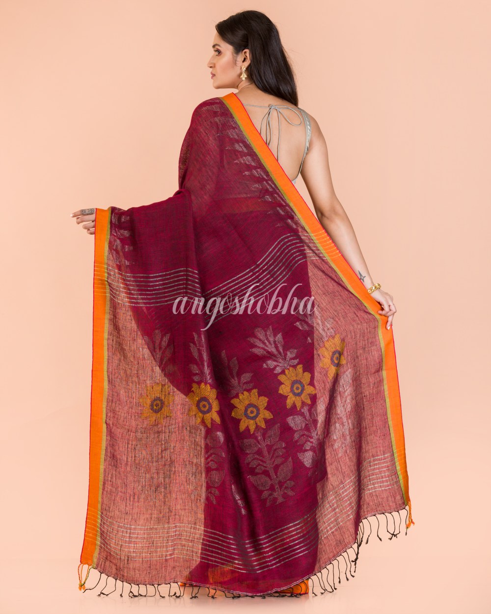 Maroon Handwoven Linen Saree angoshobha